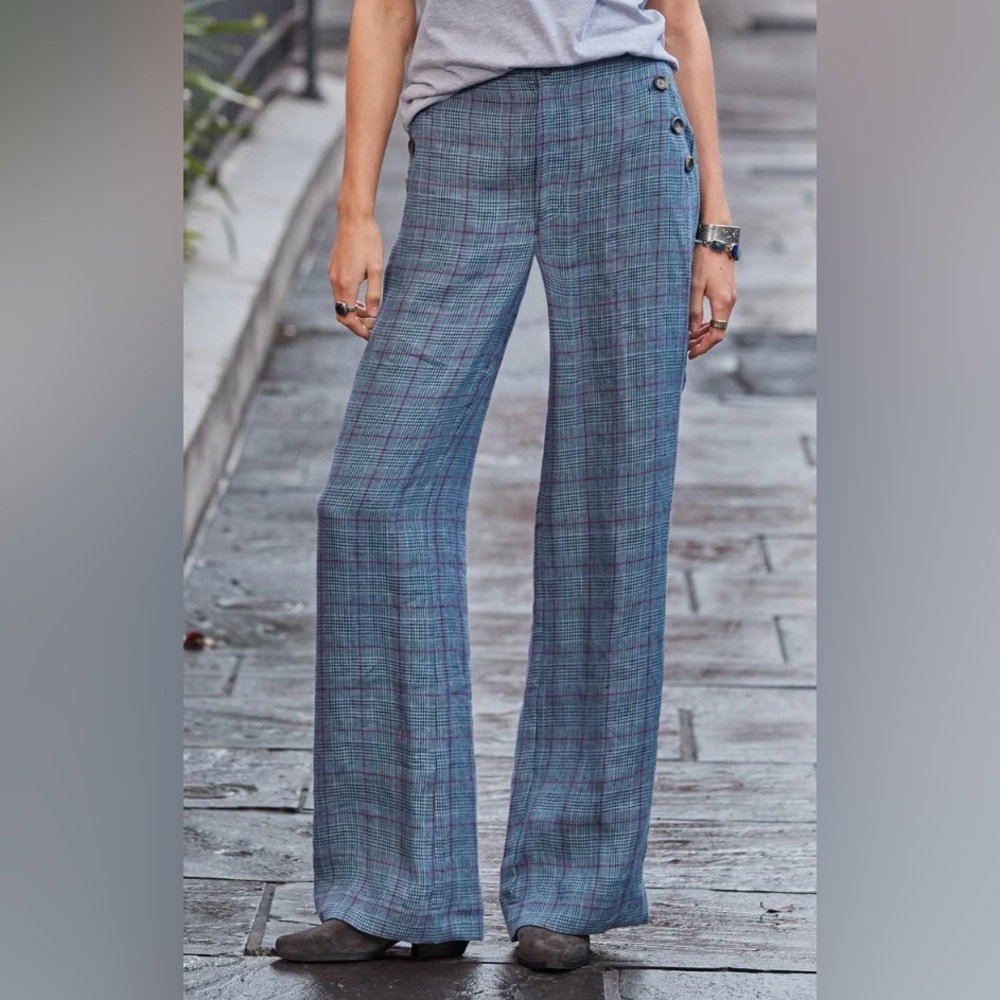 Sundance Eliot Trousers plaid pants 100% linen women’s size 8. Wide Leg
